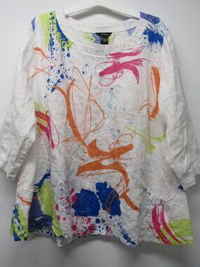 Ali Miles Tunic Top Paint Splatter 100% Linen Pockets 3/4 Sleeve Plus sz 3X
